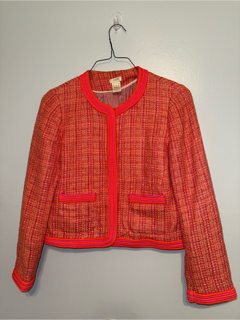 J. Crew Women's Red Tweed Collarless Blazer with Pink-Orange Trim